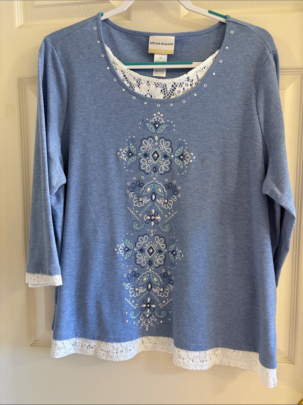 Alfred Dunner Light Blue Embroidered Lace-Trim Long Sleeve Tee